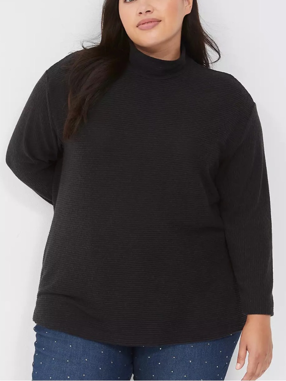 Lane Bryant Women Plus Sz 26/28 Black Relaxed Mock-Neck Rib Tunic Top NWT